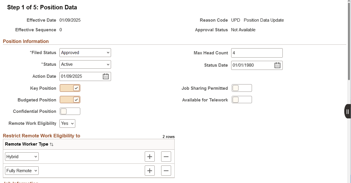 Manage Position or Create Position - Position Data page (1 of 3)