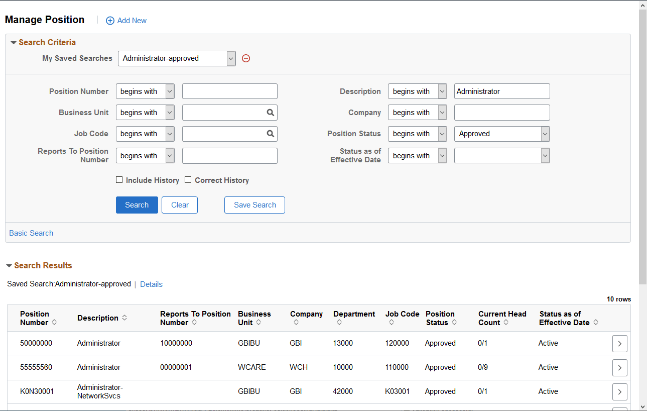 (Configurable Search) Manage Position - Search Criteria Page showing the search results