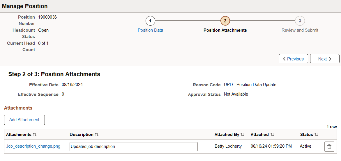 Manage Position - Position Attachments Page