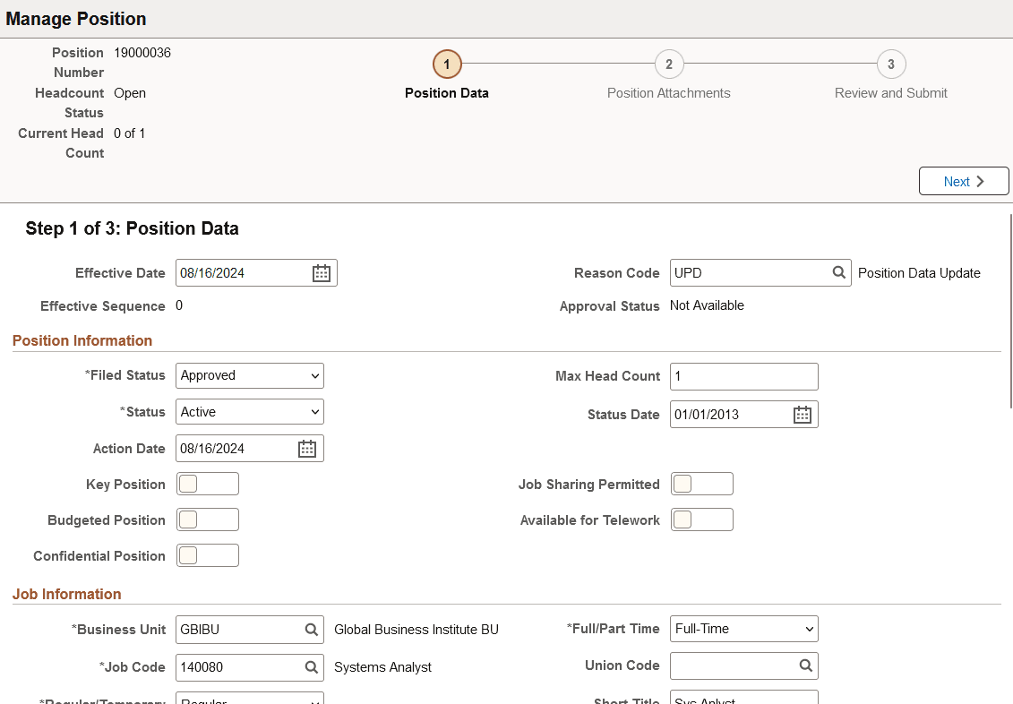 Manage Position - Position Data Page