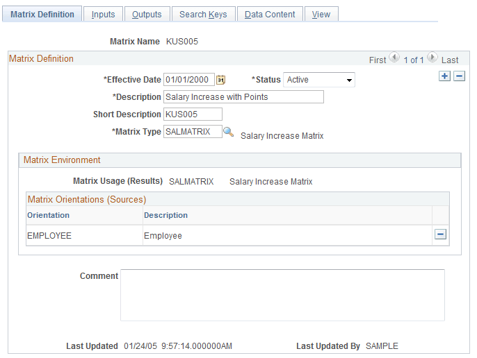 Matrix Definition page