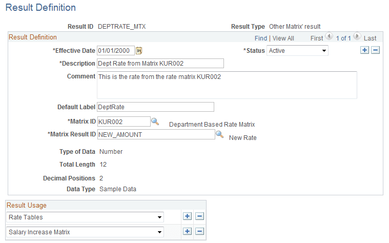 Result Definition page - MATRIX result type