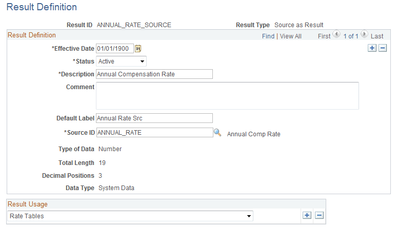 Result Definition page - SOURCE result type