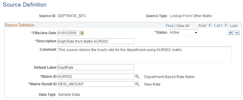 Source Definition page - MATRIX source type