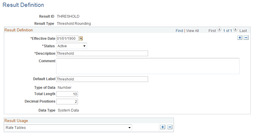 Result Definition page - THRESHOLD result type