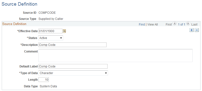 Source Definition page - SUPPLIED source type