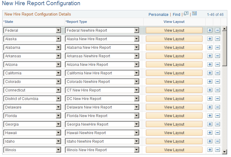 New Hire Report Configuration page
