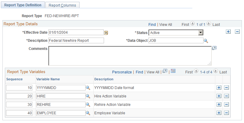 Report Type Definition page