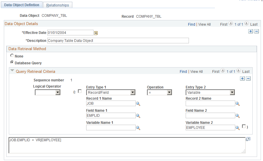 Data Object Definition page