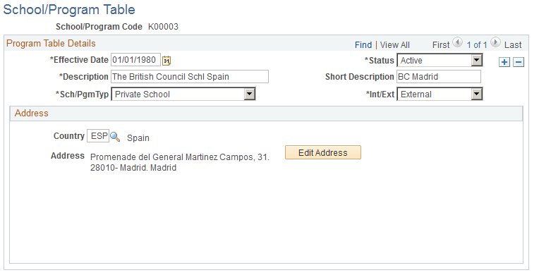 School/Program Table page