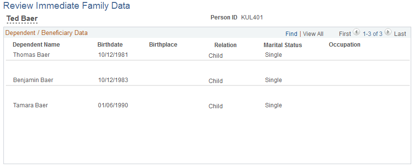 Review Immediate Family Data page