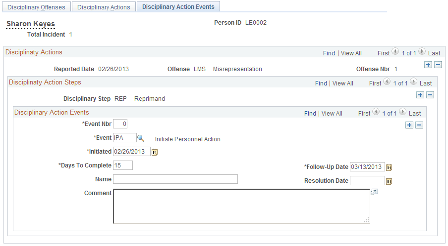 Disciplinary Action Events page
