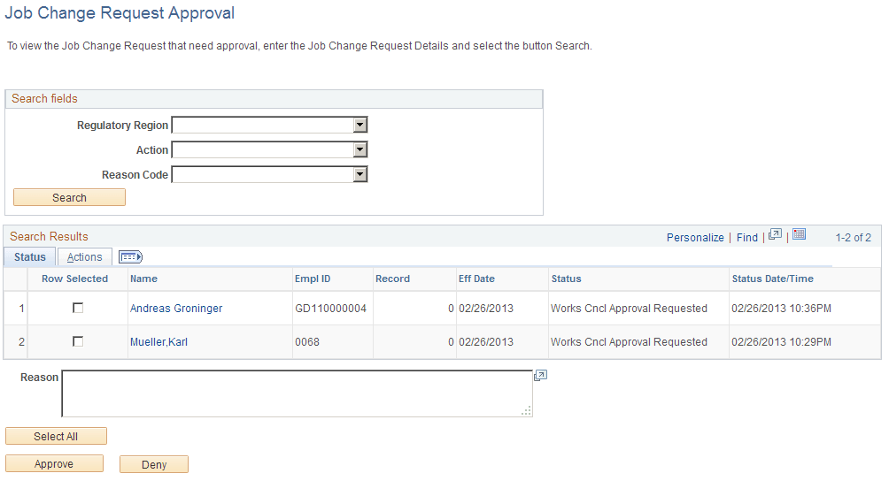 Job Change Request Approval page