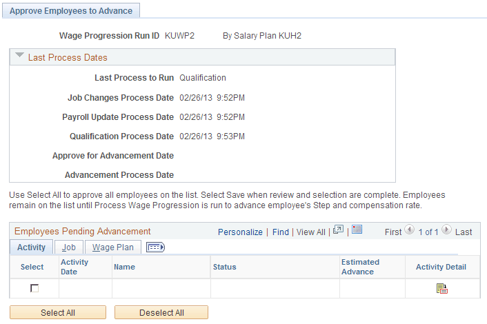 Approve Employees to Advance page: Activity tab