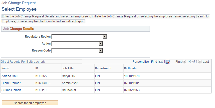 Job Change Request - Select Employee page