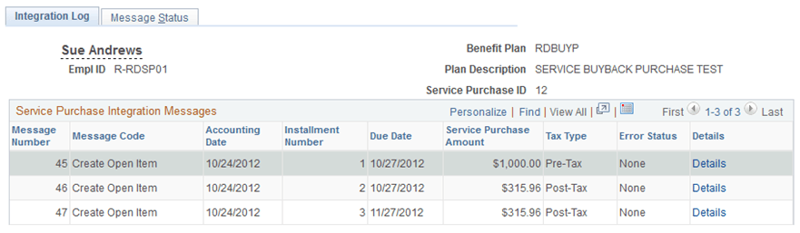 Integration Log page