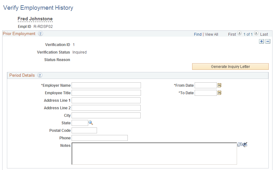 Verify Employment History page (1 of 2)