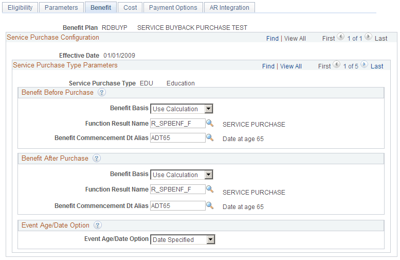 Service Purchase Configuration - Benefit page
