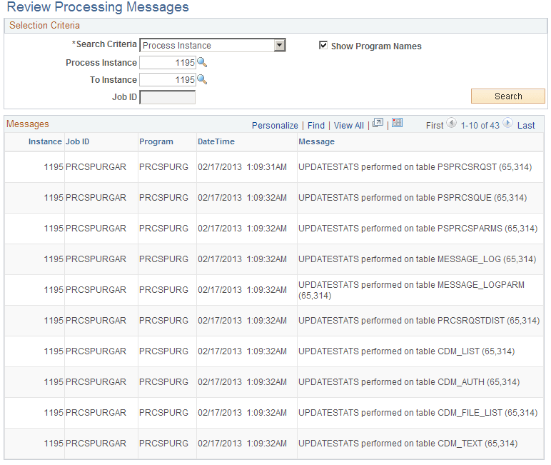 Review Processing Messages page