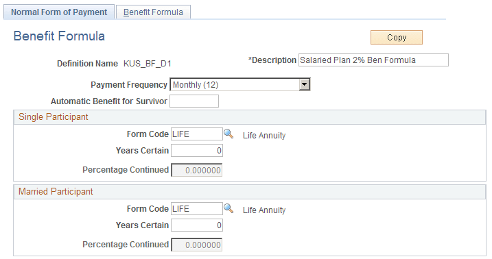 Benefit Formula - Normal Form of Payment page