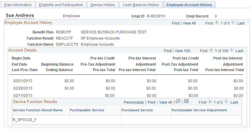 Employee Account History page