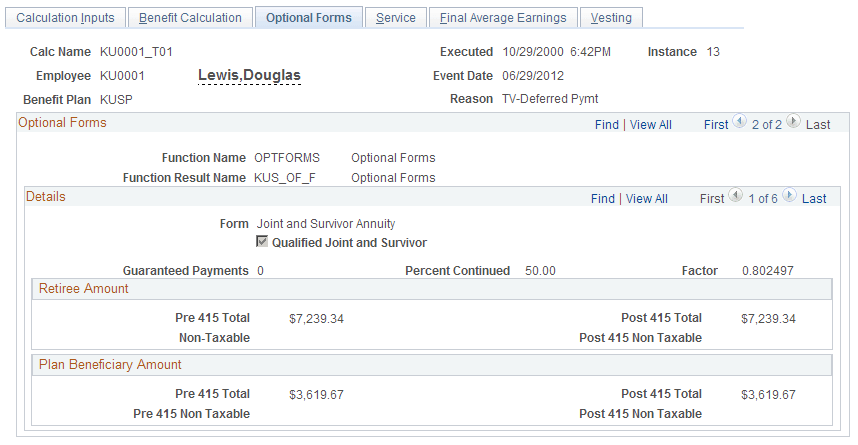 Calculation results for optional forms