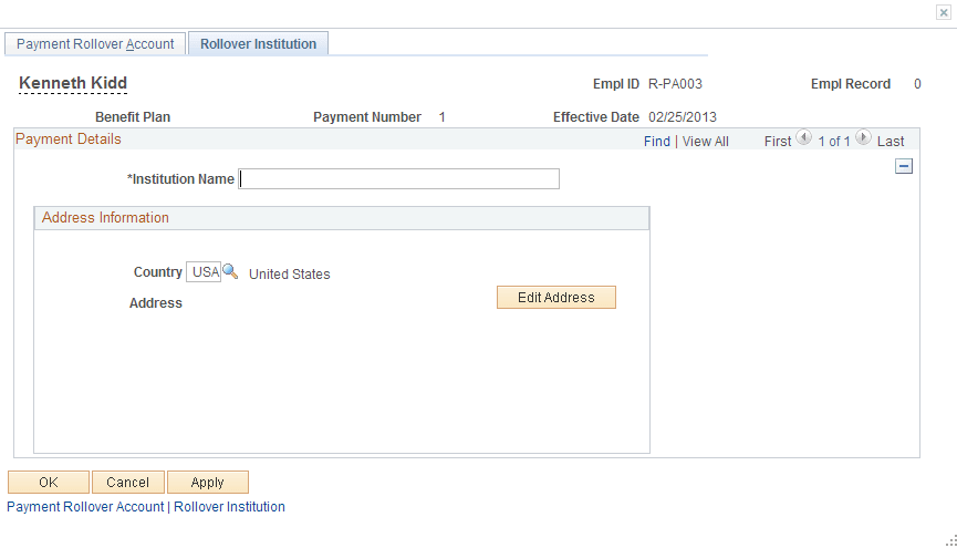 Rollover Institution page (payment schedule or manual schedule)