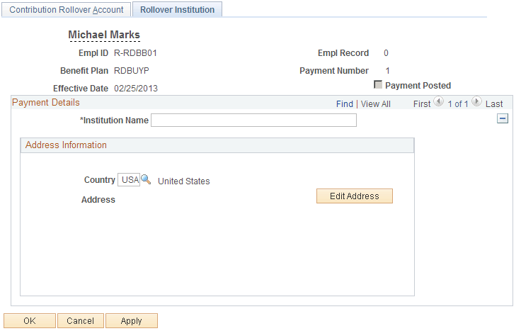 Rollover Institution page (for withdrawn contributions)
