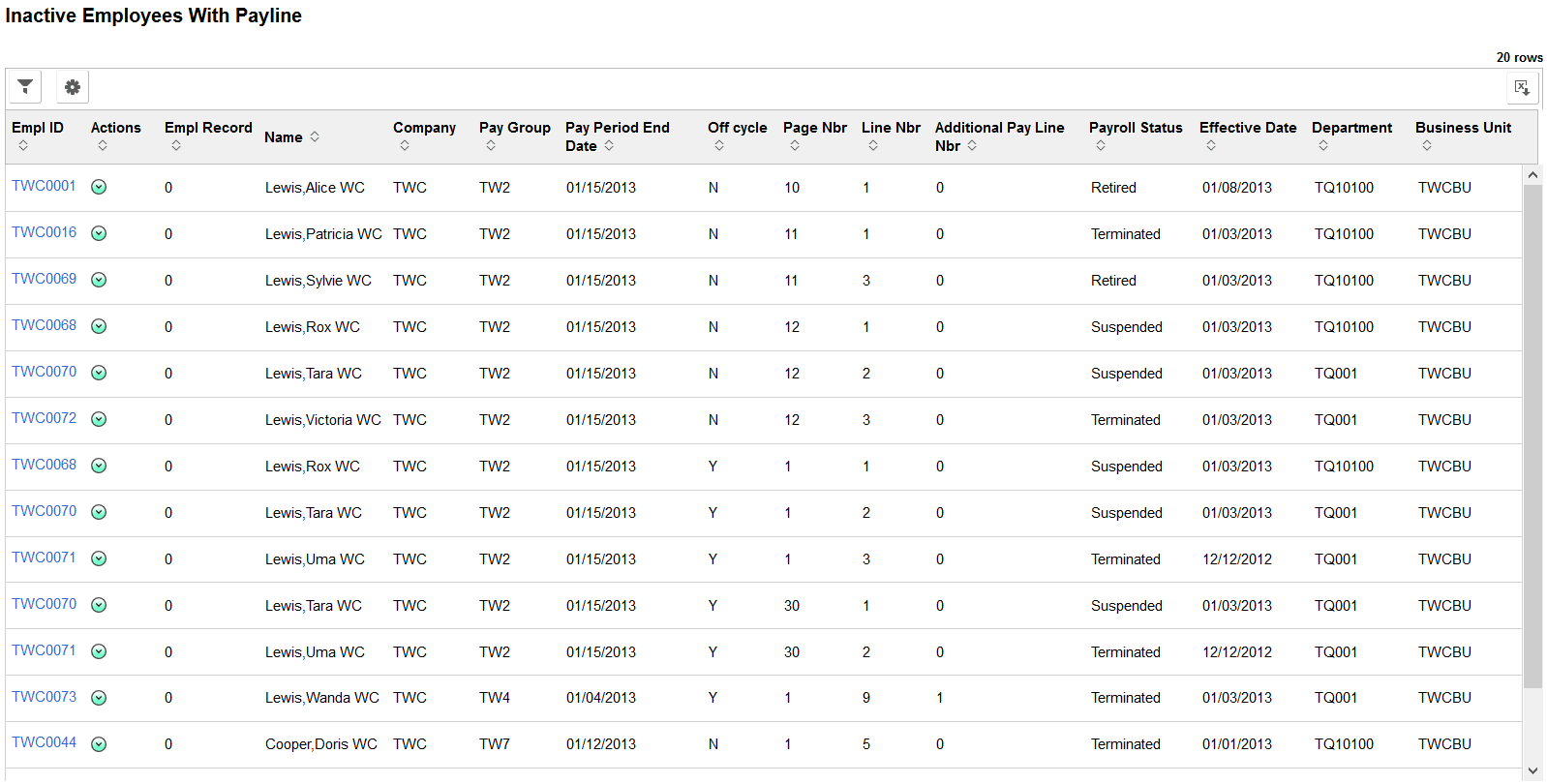Inactive Employees With Payline page