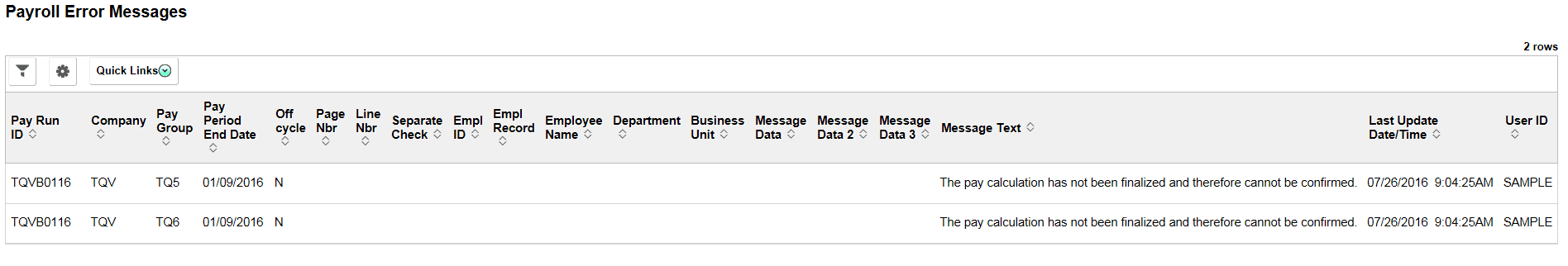 Payroll Error Messages page