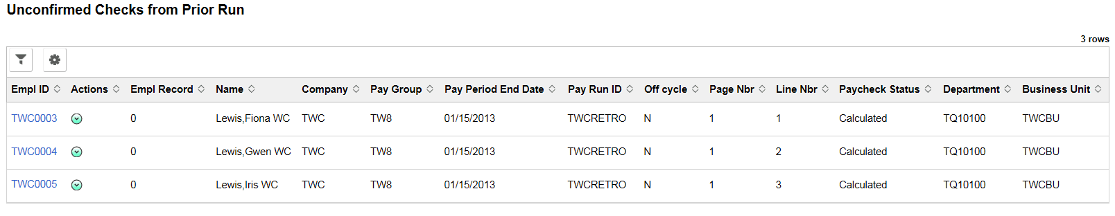 Unconfirmed Checks from Prior Run page