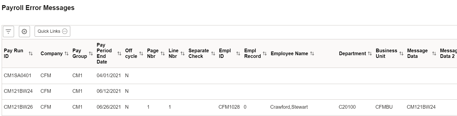 Payroll Error Messages page