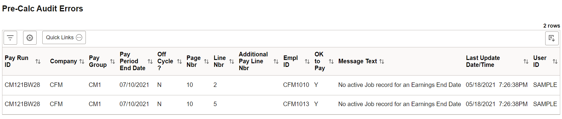 Pre-Calc Audit Errors page