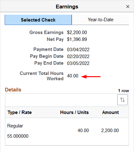 (Smartphone) Display of Total Hours Worked value on paycheck in Employee Self-Service
