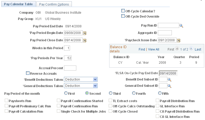 Pay Calendar Table page