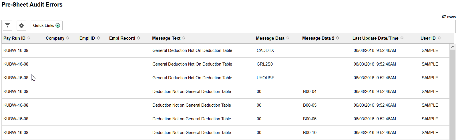 Pre-Sheet Audit Errors page
