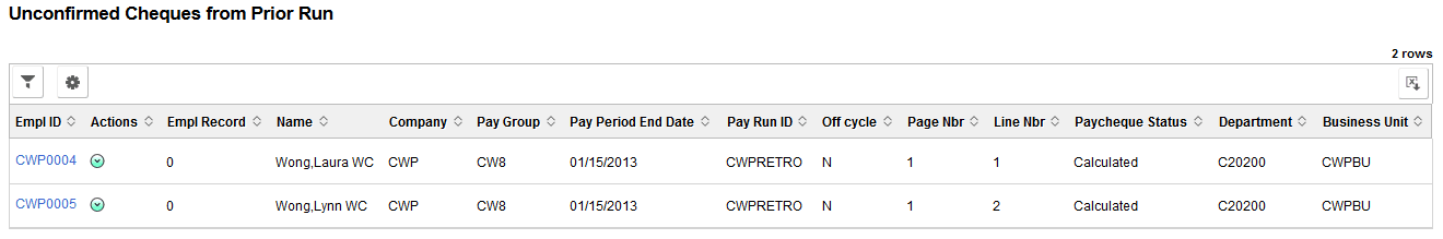 Unconfirmed Cheques from Prior Run page