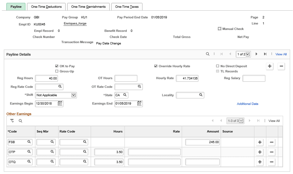 Adding flat sum bonus and overtime (straight time and half time) information to payline