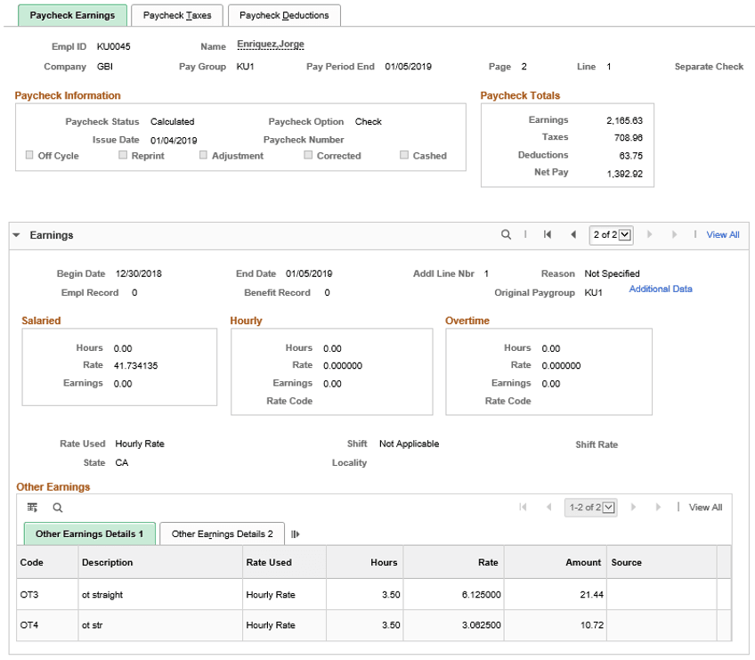 Display of calculated hourly rates (multiplication factor applied) and amounts for overtime on flat sum bonus on paycheck