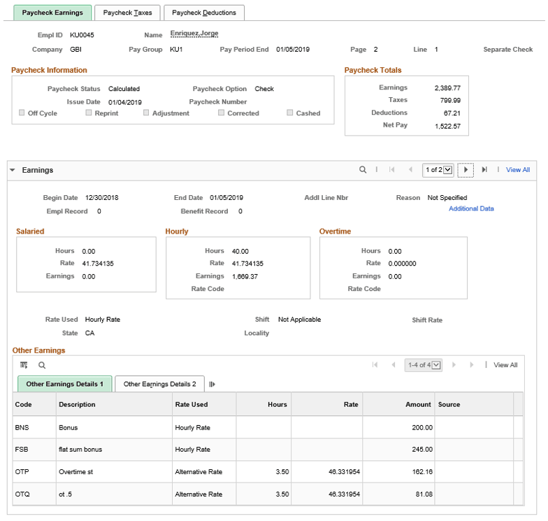 Display of calculated hourly FLSA rate and amounts for overtime on paycheck