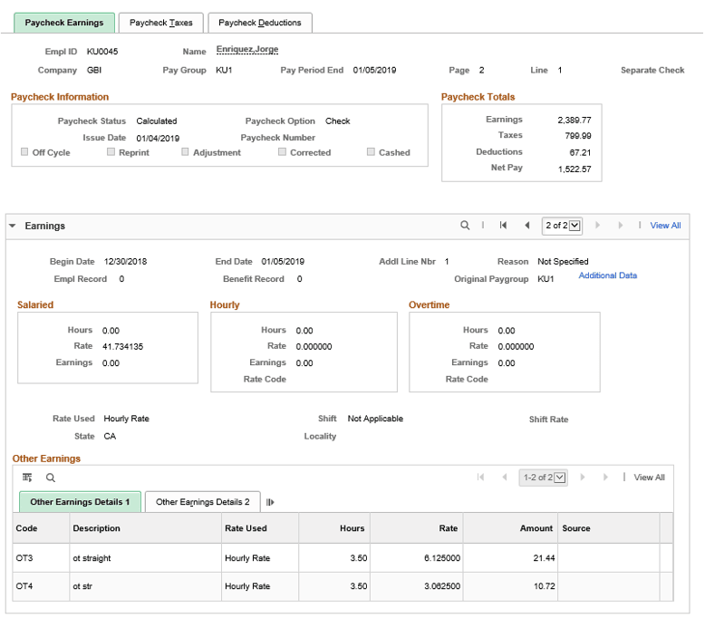 Display of calculated hourly rates (multiplication factor applied) and amounts for overtime on flat sum bonus on paycheck