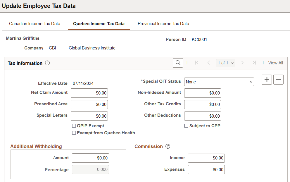 Quebec Income Tax Data page (1 of 2)
