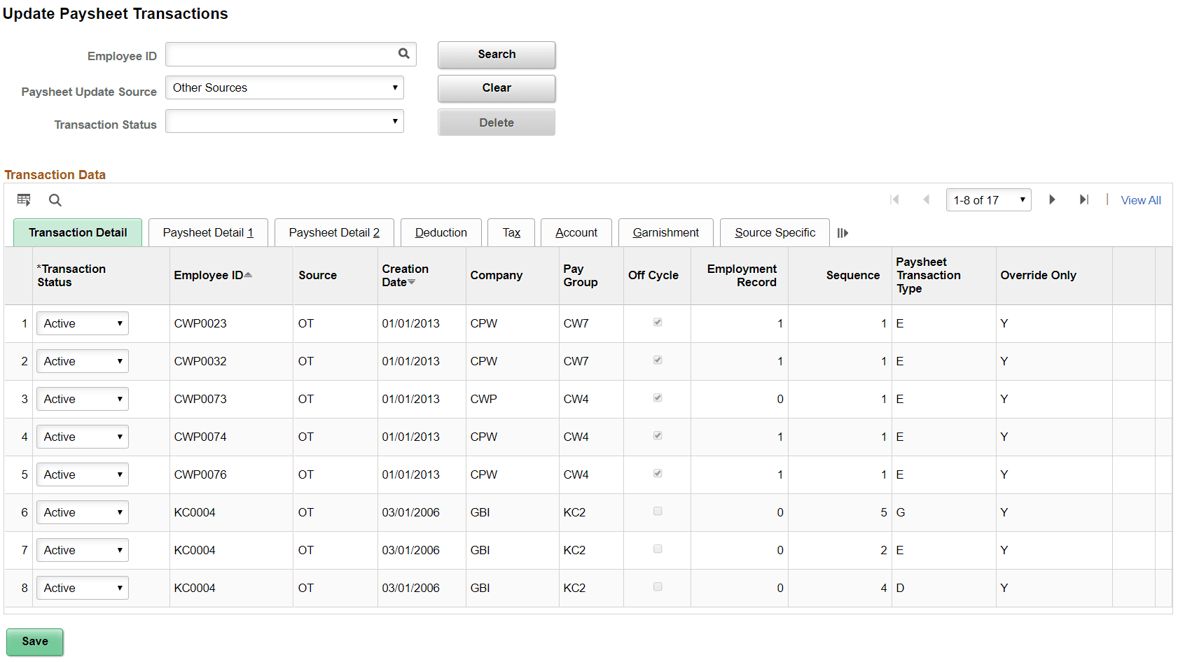Update Paysheet Transactions page