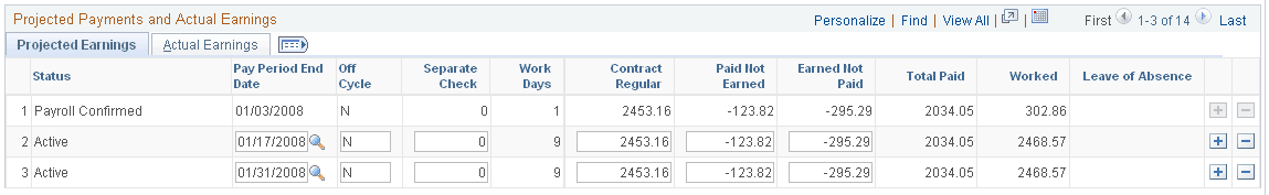 Contract Payment Details page (3 of 4) Projected Earnings tab