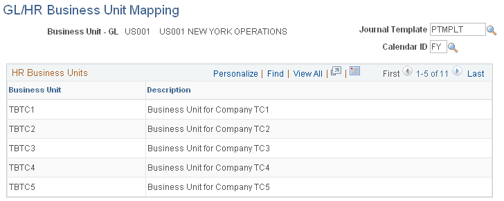 GL/HR Business Unit Mapping page