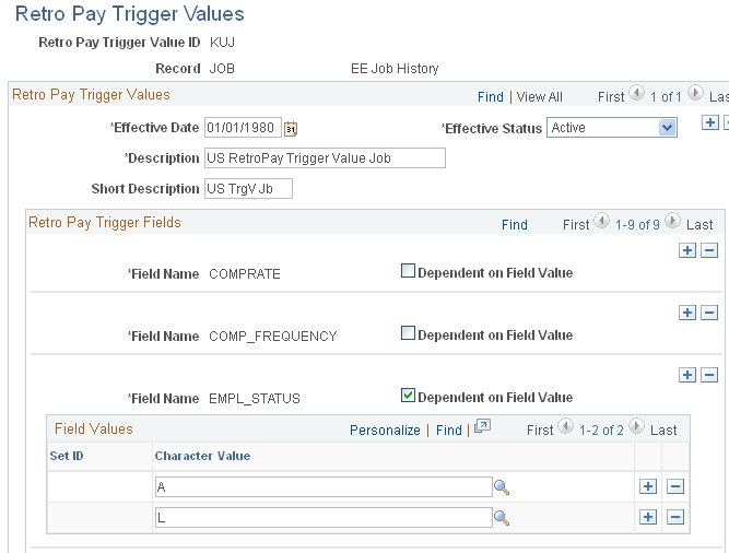 Retro Pay Trigger Values page: JOB record