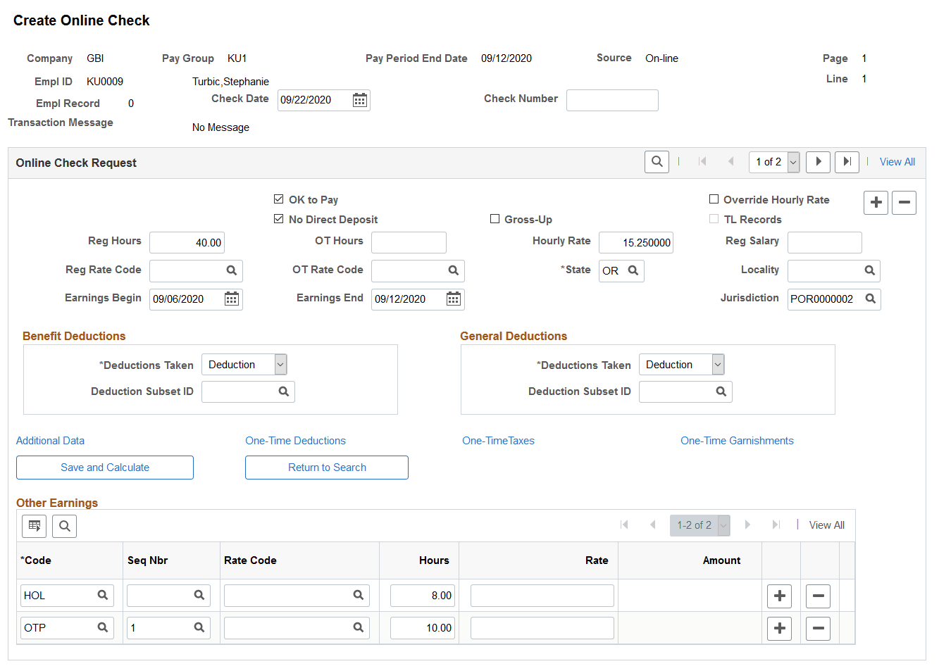 Create Online Check page