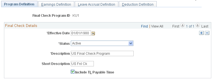 Final Check Program Table - Program Definition page