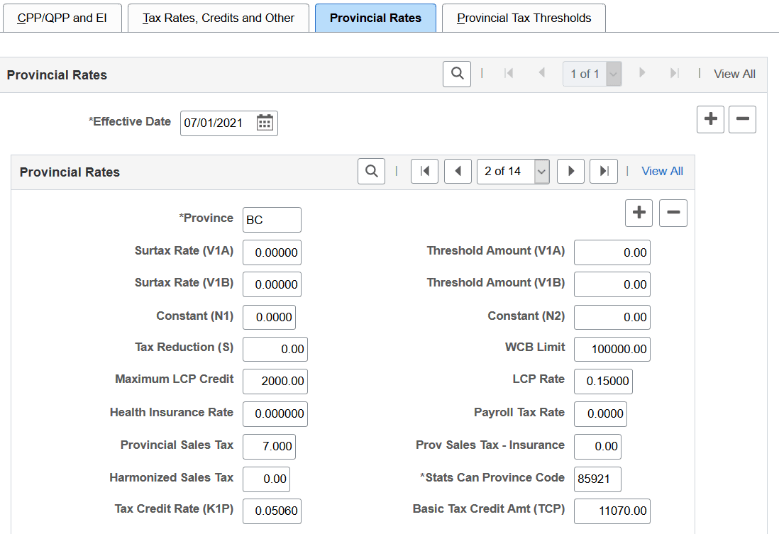 Provincial Rates page (1 of 2)