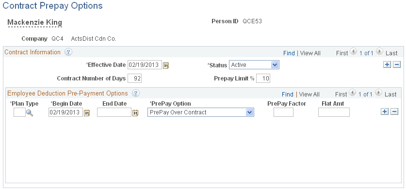 Contract Prepay Options page